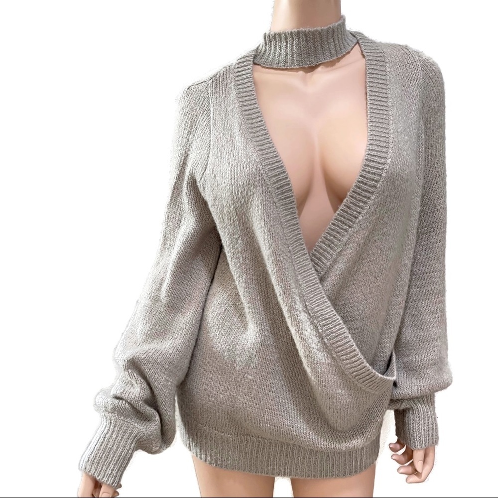SHOWPO Choker Faux-wrap Sweater Light Gray size 8